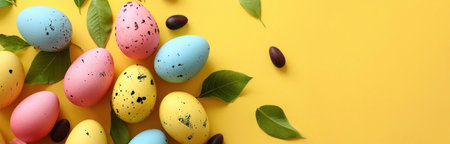 Pastel colored Easter eggs decorated with green leaves on a yellow background. Perfect for spring and Easter.の写真素材