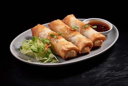 Three golden-brown spring rolls served on a plate with a side of dipping sauce and fresh greens....