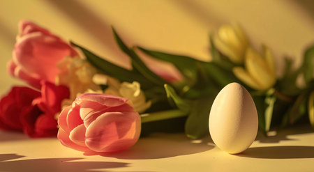 A white egg sits among pink and yellow tulips and hyacinths, illuminated by warm sunlight. A...