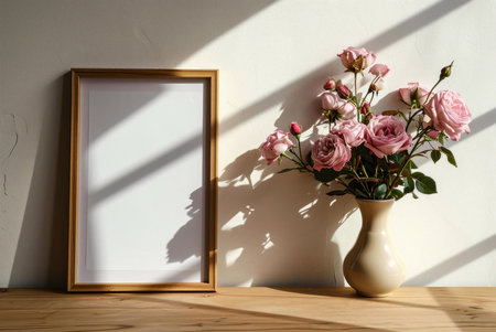 A beautiful still life of pink roses in a vase, next to a blank frame. The sunlight creates shadows, enhancing the scene's calmness.の写真素材