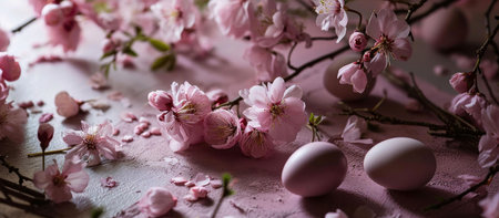 Pink Easter eggs nestled amongst delicate cherry blossoms. A springtime scene.