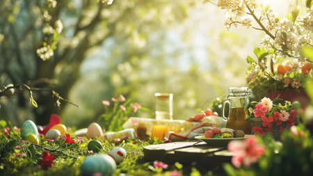A delightful Easter picnic scene in a blossoming garden, filled with colorful eggs, flowers, and...