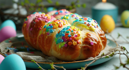 A festive Easter challah bread adorned with colorful sprinkles, perfect for holiday celebrations.