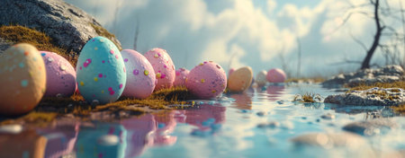 Colorful Easter eggs sit beside a tranquil stream, reflecting the cheerful spring ambiance.の写真素材