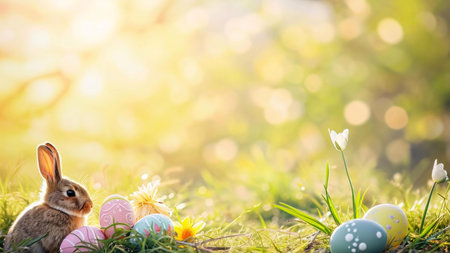 A cute bunny surrounded by colorful Easter eggs in a sunny spring meadow. Perfect for Easter greetings.の写真素材