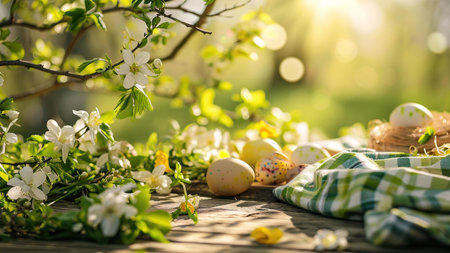 Easter eggs nestled amongst springtime blossoms on a rustic wooden table. A festive scene perfect for Easter celebrations.の写真素材