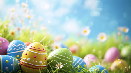 Colorful Easter eggs in a vibrant spring meadow. A joyful celebration of Easter.