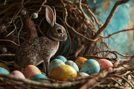 A charming bunny nestled amongst colorful Easter eggs in a rustic nest. A heartwarming spring scene.