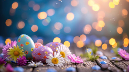 Easter eggs and spring flowers on rustic wood. A joyful springtime scene.の写真素材