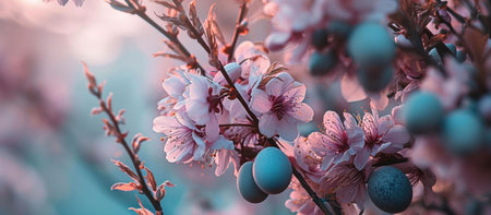 Close-up of delicate pink blossoms with teal eggs nestled amongst the petals, capturing a serene...