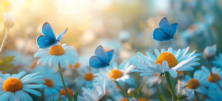 Blue butterflies flutter amidst a field of delicate daisies bathed in soft sunlight. A serene springtime scene.の写真素材