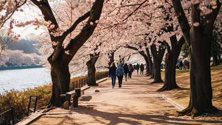 A picturesque pathway lined with cherry blossom trees, people strolling, and a serene river view.の写真素材