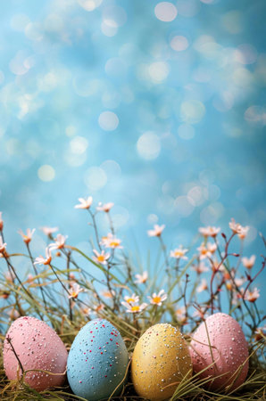 Three pastel-colored Easter eggs nestled in a bed of daisies and grass. A cheerful spring scene.