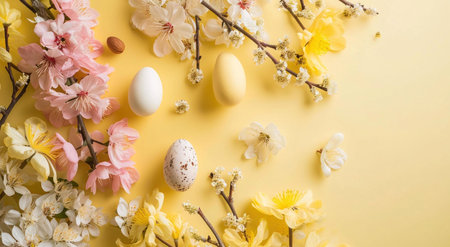 Pastel-colored Easter eggs nestled among delicate pink and yellow blossoms. A cheerful spring scene.の写真素材