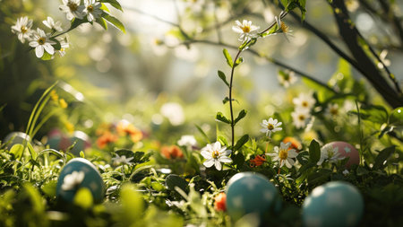 Pastel Easter eggs nestled amongst blooming flowers in a sunny spring garden. A joyful scene celebrating the Easter holiday.の写真素材