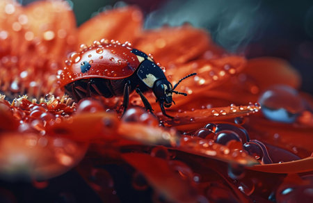 A stunning macro shot of a ladybug on a gerbera daisy covered in morning dew. The vibrant red and...