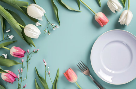 A beautiful spring table setting featuring pink and white tulips, delicate flowers, and a pastel...