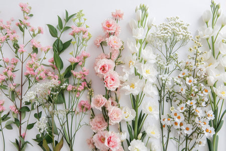 A stunning flatlay showcasing a vibrant collection of pink and white flowers. Perfect for backgrounds or floral themed projects.の写真素材