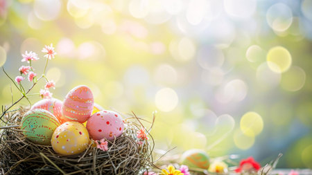 Pastel Easter eggs nestled in a bird's nest, surrounded by spring flowers. A joyful springtime...