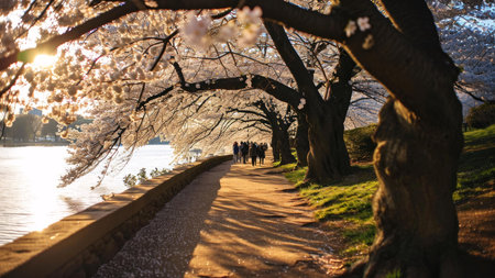 A picturesque path lined with cherry blossom trees during sunset. People stroll along the path near the river.の写真素材