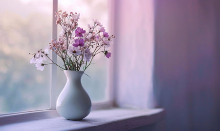A lovely bouquet of pink and white flowers in a simple white vase sits on a windowsill, creating a serene and peaceful atmosphere.の写真素材