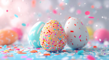 Three decorated Easter eggs amidst confetti, representing springtime joy and celebration.の写真素材