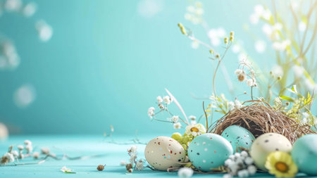 A delightful Easter scene featuring pastel-colored eggs nestled in a bird's nest, surrounded by...