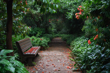 A wooden bench sits along a garden path, surrounded by lush greenery and vibrant flowers. The scene evokes a feeling of peace and tranquility.の写真素材