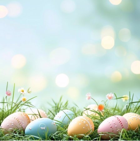 Colorful pastel Easter eggs nestled in lush green grass with delicate flowers. A festive spring...