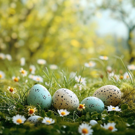 Four speckled Easter eggs nestled in a vibrant spring meadow, surrounded by blooming daisies.の写真素材