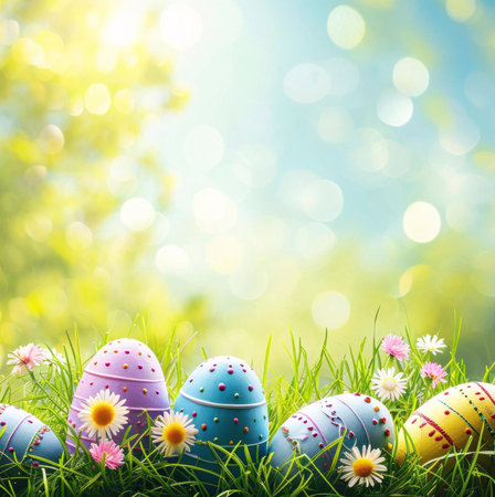 Pretty decorated easter eggs in a green meadow with flowers
