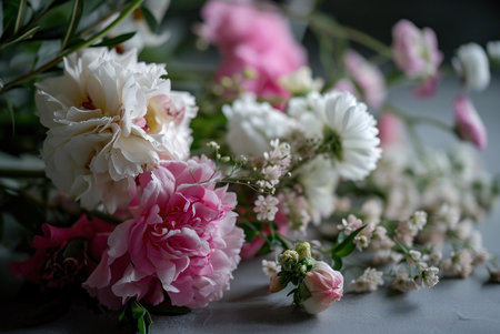 A stunning close-up of a beautiful arrangement of pink and white flowers. The image showcases delicate petals and soft colors.の写真素材