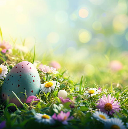 A painted pastel Easter egg nestled amongst vibrant spring flowers in a lush green meadow.