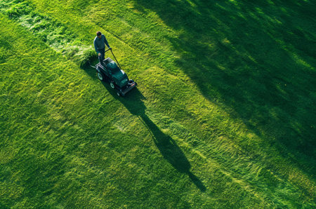 A man operates a lawnmower on a vast expansion of vibrant green grass, captured from a high-angle...