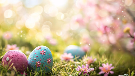 Pretty pastel Easter eggs nestled in a sunny spring meadow with blooming flowers.