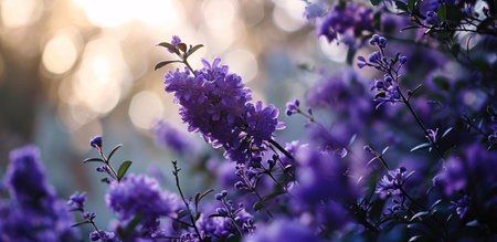 Close-up of purple blossoms bathed in golden sunlight. Serene and beautiful nature photography.の写真素材