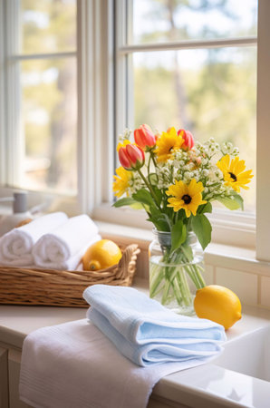 A vibrant bouquet of spring flowers, including tulips and sunflowers, sits on a windowsill. Fresh towels and lemons rest nearby.の写真素材