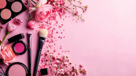 Flatlay image of pink cosmetics and flowers. Perfect for beauty blogs and social media.の写真素材