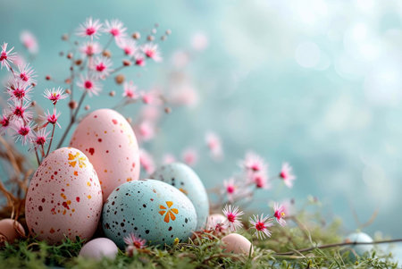 A delightful arrangement of pastel-colored Easter eggs surrounded by delicate pink blossoms. A...