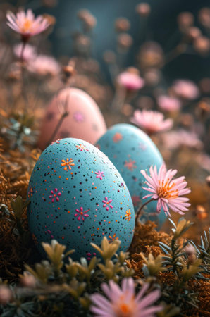 Pastel Easter eggs nestled among delicate spring flowers. A cheerful scene celebrating the holiday.の写真素材