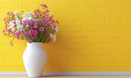 A stunning bouquet of pink and white flowers in a white vase, set against a cheerful yellow brick wall.の写真素材
