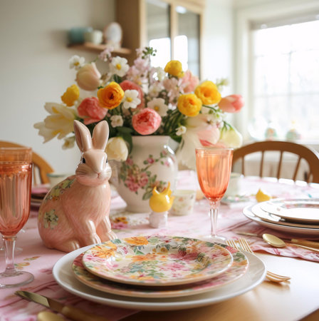 A pastel Easter table setting featuring a pink bunny, vibrant floral arrangement, and elegant...
