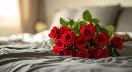 A stunning bouquet of red roses rests gently on a gray bed, creating a romantic and intimate...
