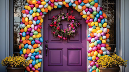 A purple door adorned with a stunning arch of colorful Easter eggs, creating a festive and cheerful...
