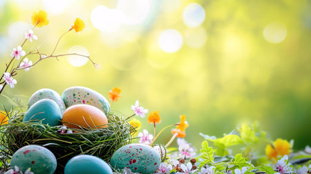 Vibrant Easter eggs in a cozy nest, nestled amongst delicate spring flowers. A symbol of new...