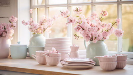 Pastel pink and white floral arrangement on a windowsill with delicate teacups and dishes.の写真素材