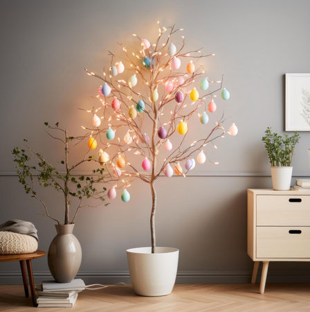 A pastel colored Easter egg tree with fairy lights adorns a stylish home interior.
