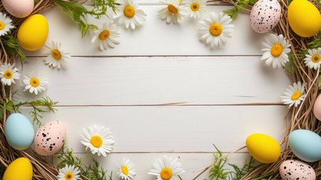 Beautiful Easter eggs and daisies create a festive spring scene.