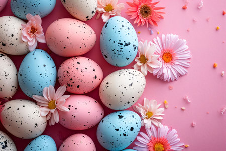 Pastel-colored Easter eggs and spring flowers arranged on a pink background. A beautiful springtime...
