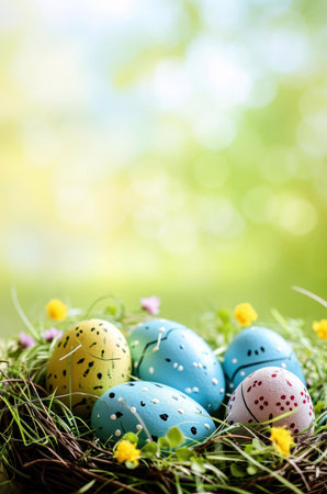 Painted Easter eggs in a nest, surrounded by spring flowers. A cheerful image.の写真素材
